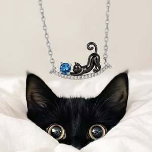Collar Jeulia con Colgante de Corazón de Gato Negro con Piedra de Nacimiento Personalizada, Chapado en Oro, Acero Inoxidable - Product Image 3