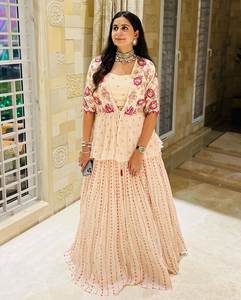 High Demanded Indo western Type <b>Light</b> Peach Color Lehenga Choli in Georgette With Embroidery <b>Work</b> For Traditional Occasions - Product Image 1