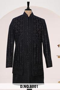 Modern Fusion Indo-Western Sherwani for Men Royal <b>Black</b> Velvet Knee Length Groom Suit Elegant <b>Sequins</b> Embroidery Work - Product Image 2