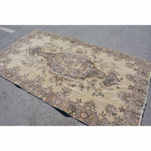 Alfombra turca vintage de 5x8 pies, beige, marrón, área grande, diseño de retazos de lana, estilo de pasillo rectangular, respaldo de látex para habitación de adolescentes - Product Image 2