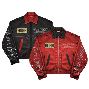 2026 Streetwear Embroidered Custom Distressed Vintage Wash Rhinestone Unisex Zip Up Denim Canvas <b>Winter</b> Jacket - Product Image 1