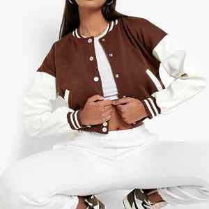 2025 patchs de broderie personnalisés femmes recadrée noir Varsity Jacket OEM manches en cuir collège Baseball Bomber Jacket - Product Image 5