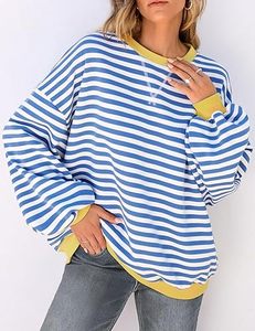 Femmes surdimensionné rayé col rond sweat à manches longues décontracté ample chemise d'entraînement haut d'hiver avec couleur unie bloc pull - Product Image 1