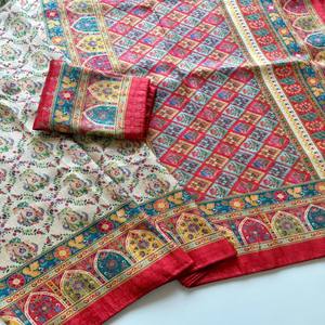 Sari en soie Softy Dola VASTRA COTTAGE avec tissage jacquard en zari pur, imprimé numérique pashmina, bordure en dori et pièce de chemisier assortie - Product Image 2