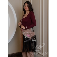 Sac à bandoulière en cuir véritable rose avec franges, motif floral western, style chapeau de cowboy, pour femme