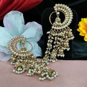 Elegant White Kundan Pearl Work <b>Drop</b> <b>Earrings</b> Lustrous Pearls Shimmering Luxury Classic Fashionable Design Traditional Style - Product Image 1