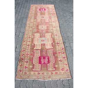 Vintage Rug 3.37x9.6 ft, <b>Brown</b> Pink Floral <b>Wool</b> Turkish Rug - Product Image 1