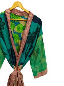 Fait à la main indien Vintage soie recyclée Sari Kimono Patchwork Kimono Robe Bikini couvrir vêtements de nuit longue Robe, - Product Image 4