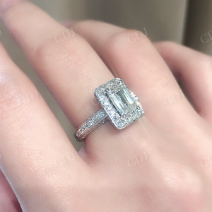 Esmeralda corte moissanita diamante GRA certificado 10K oro blanco media eternidad antiguo Halo anillo de compromiso y boda novia para ella - Product Image 6