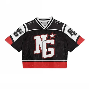 Jersey de béisbol de malla de algodón personalizado al por mayor, camiseta cuadrada con estampado de rayas de punto, camiseta de malla recortada con cuello en V de gran tamaño - Product Image 6