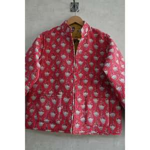 Veste en coton matelassée tissée à la main pour femmes, réversible, imprimé floral en blocs, manches longues, vêtements ethniques d'hiver, bouton - Product Image 2