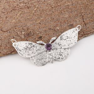 Pendentif Aile de Papillon Céleste en Améthyste, Pierre Ronde Sertie en Bezel, Pierre Violette, Plaqué Argent 925, Bijoux de Mariage Tendance - Product Image 4