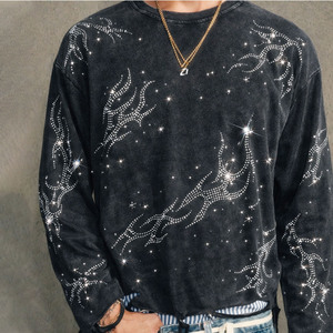 Luxury Rhinestone Flare Custom Graphic Long Sleeve <b>T</b>-shirt Acid Wash Oversized Cotton Streetwear Vintage Sparkly Men's shirts - Product Image 4
