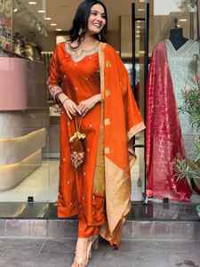 Traje Salwar Kameez tradicional bordado naranja para mujer hecho de tela de seda romana para fiestas todas las estaciones - Product Image 4