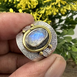 Wholesale 925 Sterling Silver Two Tone Hammered <b>Ring</b> Handcrafted Natural Rose Cut Moonstone <b>Crystal</b> Jewelry - Product Image 1