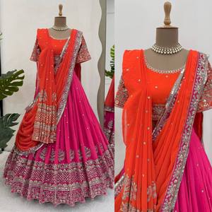 Prêt-à-porter 3 pièces Lengha Choli Plazzo traditionnel indien pakistanais pour femmes pour les mariages et les fêtes d'été - Product Image 4