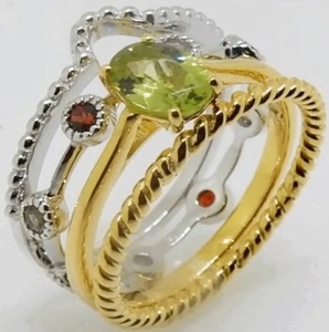 แหวนเงินแท้ S925 ชุบทอง 14K ประดับพลอยธรรมชาติ เพอริดอท ควอตซ์สโมกกี้ และโกเมน สามารถปรับแต่งได้ สำหรับขายปลีก รับผลิตแบบ OEM และ ODM จากประเทศไทย - Product Image 1