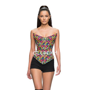 Corset en satin sublimé numérique avec un design croisé multicolore audacieux - Product Image 1