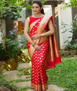 Saree de seda con tejido de Pallu pesado y borde tejido, blusa India étnica Zini Butti Banarasi
