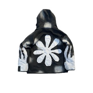 Custom Logo Streetwear Oversized 500gsm Acid Washed Zip up Hoodie Distressed Letter <b>Patch</b> Work Chenille Embroidery Hoodies - Product Image 2