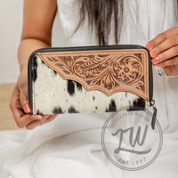 Cartera de Mano de Cuero Genuino para Mujer LW 2024 con Pinzas para Billetes, Cierre de Cremallera con Patrón Geométrico y Diseño Moderno