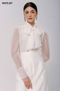 Blusas y camisas blancas de manga larga para mujer, cuello con lazo, CAMISETA NOAM BOW 73% Cupra, ropa Formal de poliéster 27% para mujer de Vietnam - Product Image 5