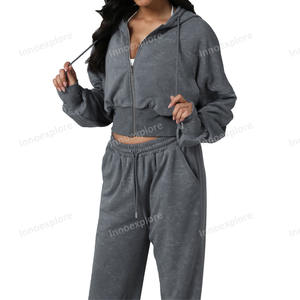 ملابس نسائية من قطعتين بدلة رياضية من القطن واسعة الأكمام بسحاب مع بنطال رياضي واسع الساق - Product Image 5