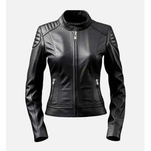 Blouson bomber en cuir noir surdimensionné pour femme - Logo personnalisé, doublure en satin à capuche, automne - Product Image 1