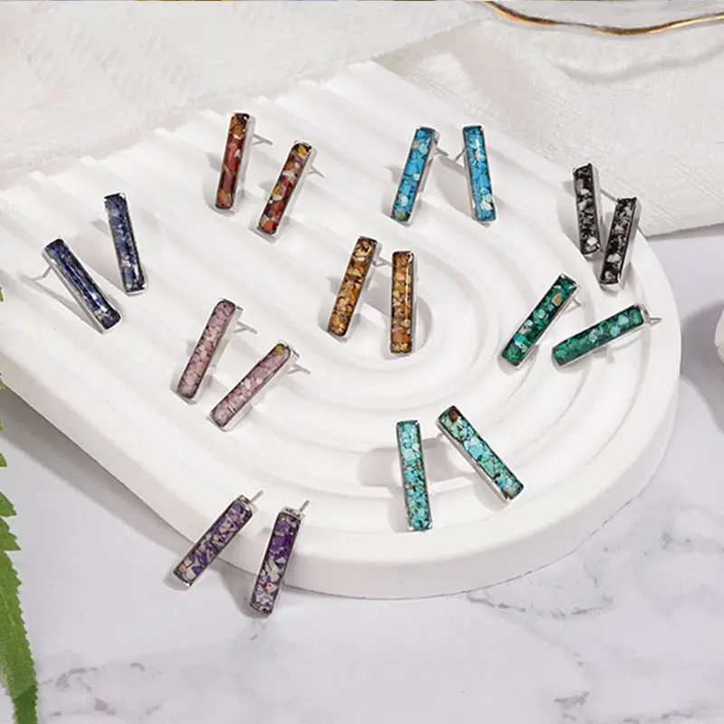 Natural Gemstone Studs Earring Stainless Steel Turquoise Chip Stone Long Bar Earring For Women Jewelry