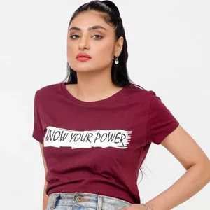 T-shirts bordeaux imprimés T-shirt à col rond pour femmes avec logo personnalisé FOREVER 21 T-shirt rouge à col rond imprimé marron pour femmes