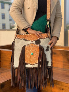 กระเป๋าโท้ทของผู้หญิงคุณภาพสูงใหม่สไตล์ตะวันตกหนังขนวัวขอบหนังมีเอกลักษณ์หินปกปิดโลโก้แบบถือมือ - Product Image 4