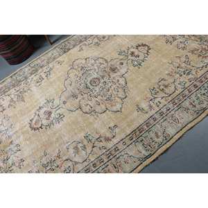 Vintage Beige tapis turc 5ft 9in X 8ft 6in classique grande surface laine fourrure abstrait Patchwork couloir Rectangle Latex pour - Product Image 5