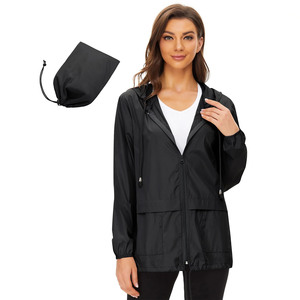 New Women's Black Hooded Windproof <b>Rain</b> <b>Jacket</b> Full Sleeve Zipper Closure Utility Style <b>Long</b> Length Solid Color Polyester Coat - Product Image 2