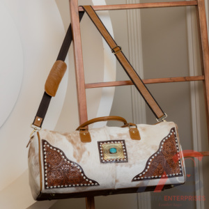 New Arrival Handmade Vintage Stylish Tooled Fur Leather <b>Duffel</b> <b>Bags</b> Unisex Cowhide Fur Leather Turquoise Stone Large <b>Travel</b> <b>Bags</b> - Product Image 2