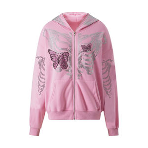 Último estilo de color rosa sólido con cremallera cubierta de cara completa de manga larga en todo diamantes de imitación mujeres sudaderas con cremallera OEM diseños personalizados - Product Image 1