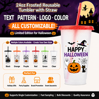 Gobelet en plastique Halloween 24oz avec couvercle et paille, sans BPA, réutilisable, design tête de mort, personnalisable avec logo, pour fêtes, vente en gros