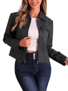 Top femme tendance personnalisé automne hiver veste en cuir solide col tournant manches longues respirant doublure en Satin teint uni - Product Image 4