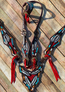 Kaamkaaj Genuine Leather Western Saddle Horse Tack <b>Set</b> Metal Components Buckle Closure <b>Beaded</b> Headstall Breast Collar Regular - Product Image 2