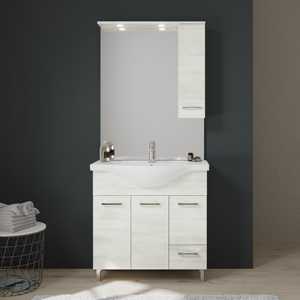 Mobile bagno Ravenna da 85 cm a pavimento in rovere bianco con lavabo in ceramica e specchio - Product Image 1