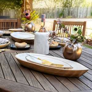 Bol de service en bois de manguier avec motif décoratif incrusté et cuillère jetable poli pour la décoration intérieure par les magasins de détail - Product Image 3