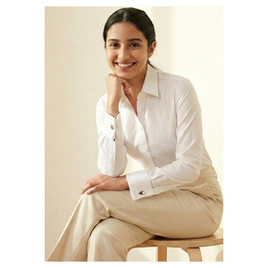 Embroidered Silk Women's Office <b>Shirt</b> with Chiffon Detail Simple Design <b>White</b> Color <b>Double</b> <b>Cuff</b> - Product Image 1