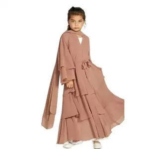 Venta al por mayor Eid Turquía Dubai elegante Kimono Hijab chico niña gasa para niños 3 capas abierto Abaya vestidos musulmanes