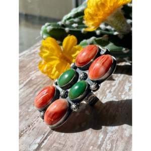 Nelson Johnson Bezel <b>Set</b> Coral & <b>Sterling</b> <b>Silver</b> Cluster <b>Ring</b> Size 8.5 - Product Image 4