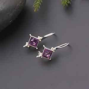 Boucles d'oreilles vintage faites à la main en argent sterling 925 avec pierre précieuse améthyste, cadeau d'anniversaire de février, bijoux élégants pour femmes - Product Image 3