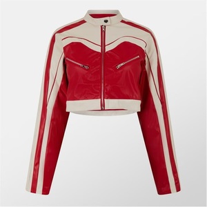 Vintage Women's Zip-Up Cropped Moto PU Faux Leather Jacket with Red Racing Badge <b>Block</b> Solid Style Motorbike Leather Moto Jacket - Product Image 1