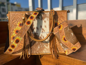 กระเป๋าโท้ทหนังวัวขนสัตว์พิมพ์ลายดอกไม้เครื่องมือใหม่ใหม่ชุดคลัทช์หนังแกะลายดอกทานตะวันตะวันตก - Product Image 2