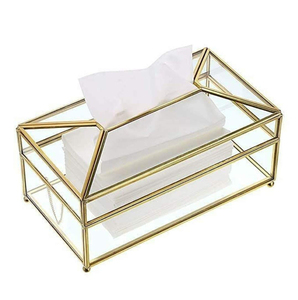Boîte à mouchoirs en laiton et verre forme rectangulaire pour décor de table maison et hôtel porte-papier de soie fini or - Product Image 1