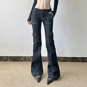 Estilo negro Low Rise Slim Flared Cargo Jeans Pantalones para mujer Ropa Old Lady Denim Trouser - Product Image 2