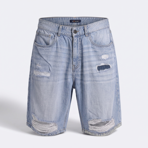 Shorts Bermuda en jean déchiré et délavé foncé avec fermeture éclair, style décontracté pour l'été, taille 6XL - Product Image 1
