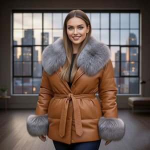 Veste en cuir matelassée à carreaux pour femmes avec fermeture éclair et col en fourrure de renard Vêtements d'extérieur d'hiver - Product Image 2